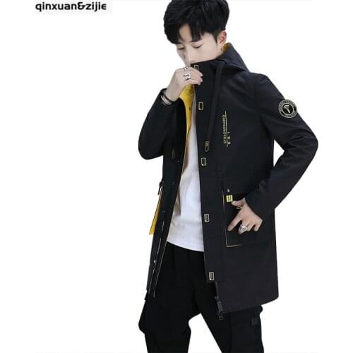 Mulity Pockets Print Mens Windbreaker Trench Male Mid Long Coat Korean Fashion Hooded Casual Jacket Autumn Winter 2021