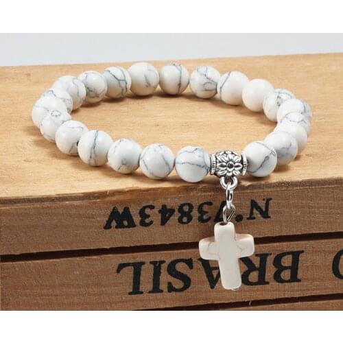 Vintage Cross Pendant Bracelet Natural Stone 8mm Man Black Lava Red Turquoises Bead Bracelets&Bangles Charm Women Prayer Jewelry