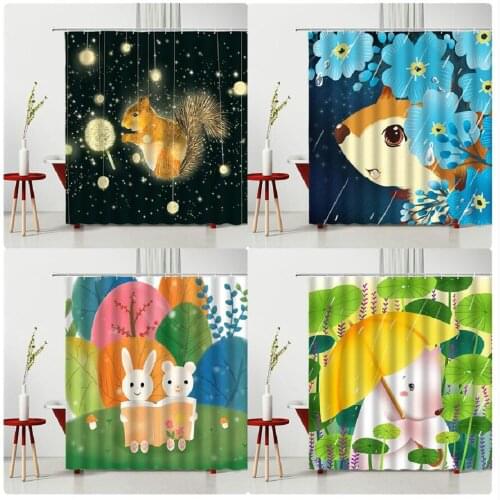 Cartoons Child Bath Curtain Lovely Animal Squirrel Rabbit Bear Polyester Fabric Mildew Proof With Hooks Curtains For Bedroom
