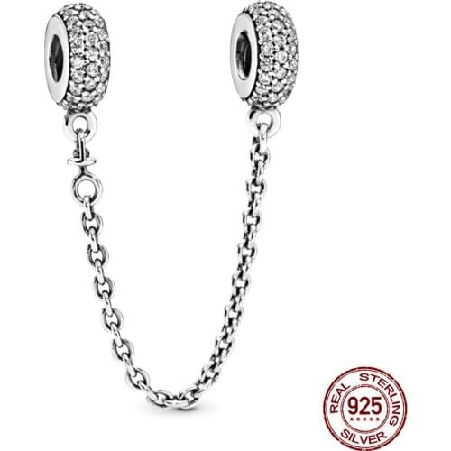 New 925 Sterling Silver Sparkling Pavé Safety Chain Charm Fit Original Pandora Bracelet Necklace DIY Women Jewelry Accessories