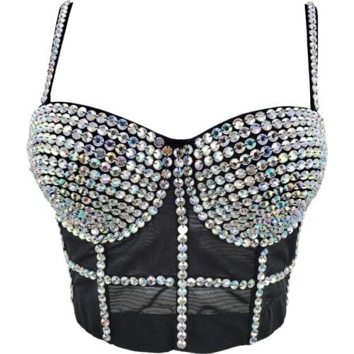 Camis Summer Short Crop Tank Top Rhinestone Nightclub Top With Built In Bra Sleeveless Women Corset Top Underwear Clothes