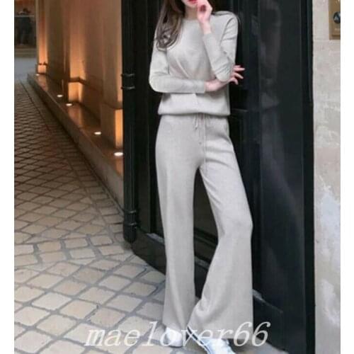 Ladies Chic Cashmere Pants+Tops Long Sleeve Sweater Knitwear Wide Leg Pants 2pcs