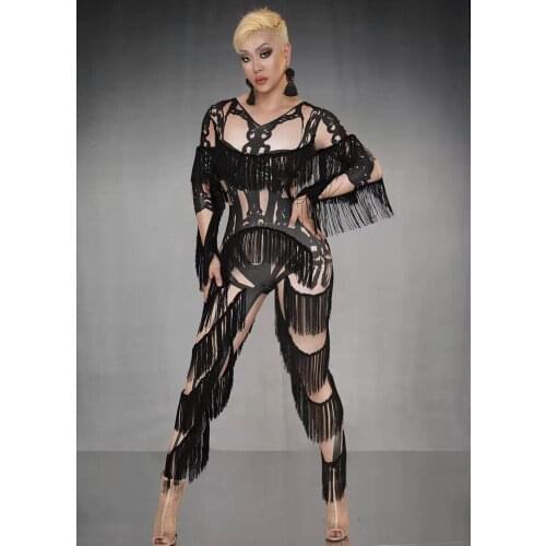 Fashion Black Tassel Party Jumpsuit Women Elastic Tights Print Fringes Bodysuit Nightclub Dancer Rompers Stage Performance Wear