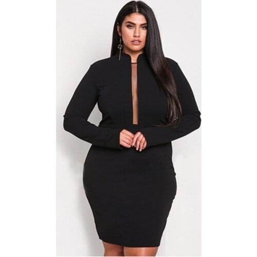 Women 2018 Big Size Fashion Stand Collar Hollow Out Neck Bust Dress,Female Plus Size Party Sexy Black Above Knee Fit Dresses 3XL
