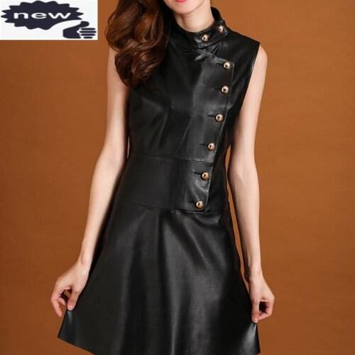Women 2021 New Punk Pleated Mini Dress Female Bow Collar Buttons Genuine Leather Sleeveless Vestidos Motorycle Biker Sundress