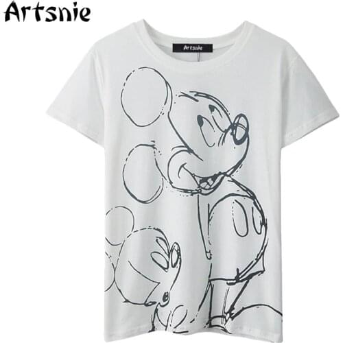 Artsnie disney mickey mouse cartoon t shirt women summer o neck short sleeve tops femme streetwear white casual t-shirts mujer