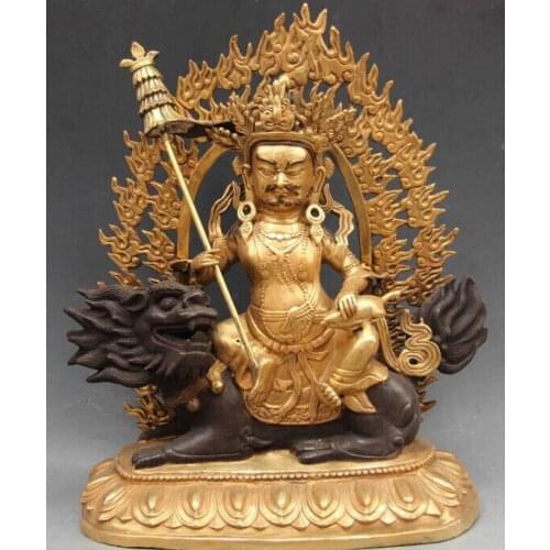 Bi001678 China folk buddhism Copper Bronze King Gesar Buddha Ride on Lion Foo Dog Statue