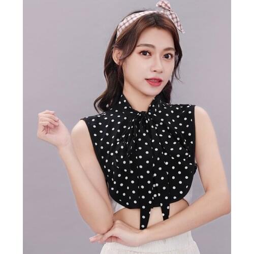 Women Polka Dots Bowknots Shirt Fake Collar Tie Cotton Detachable False Collar Lapel Blouse Top Autumn Sweater Decorative
