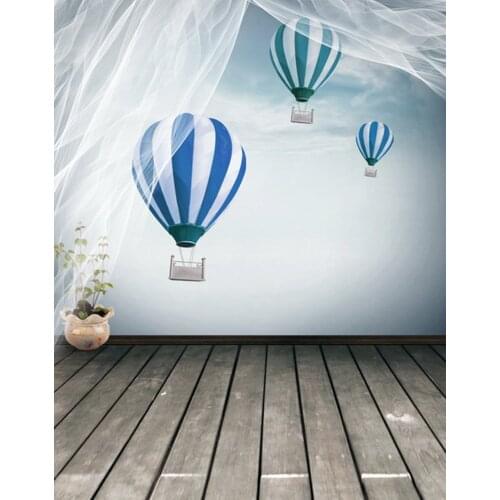Wooden Floor Blue Hot Air Balloon Photography Backdrops Photo Props Studio Background 5x7ft