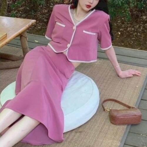 France Vintage Elegant Two Piece Set Women Short Sleeve Suit Slim Midi Skirt Korean Fashion Casual Suits With Skirt Summer 2021