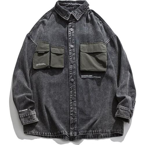 Autumn New Wash Denim Tooling Long Sleeve Shirt Mens Coat Outdoor Trekking Camping Cargo Lapel Jacket Combat Hiking Loose Tops