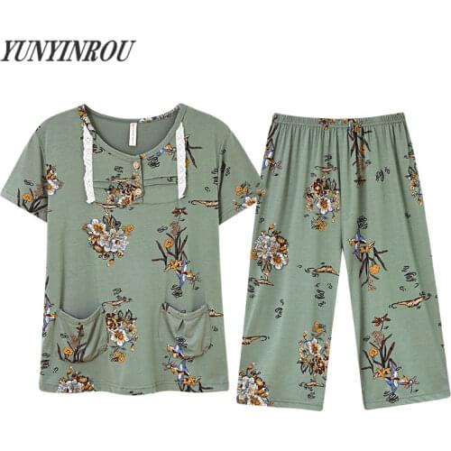 Summer Brand Viscose Floral Print Womens Pajama Sets Elegant Nightwear Women Pajamas Calf-Length Pants Plus Size 4XL Sleepwear