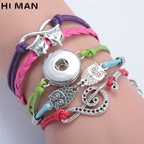 Hot Sale Punk Multi-layer Leather Bracelet Female Cross Giraffe Heart Leaf Snap Button Jewelry Bracelets Fashion DIY Wristband