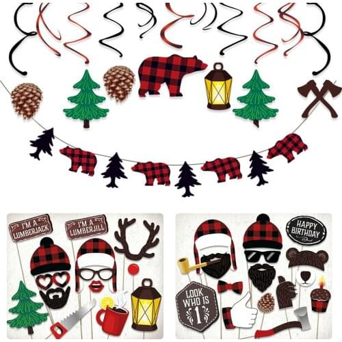 Lumberjack Theme Party Decorations Sets Happy Birthday Banner Party Backdrops DIY Axe Silhouette Photobooth Props Party Supplies