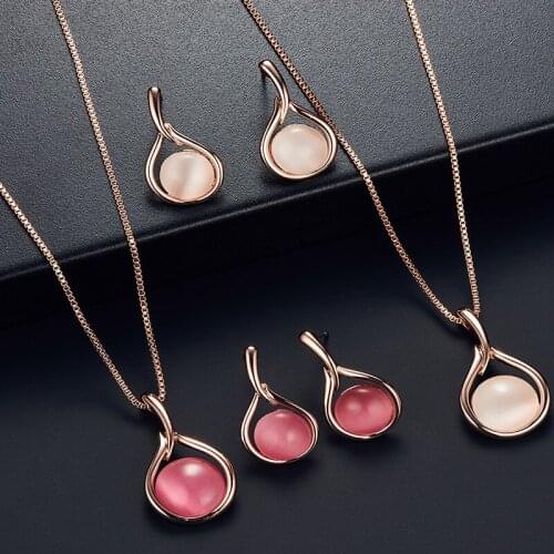 Fashion Elegant Opal Inlaid Hollow Metal Heart Pendent Earrings Necklace Set Korean Neck Ear Jewelry Sets for Women Girls Gift