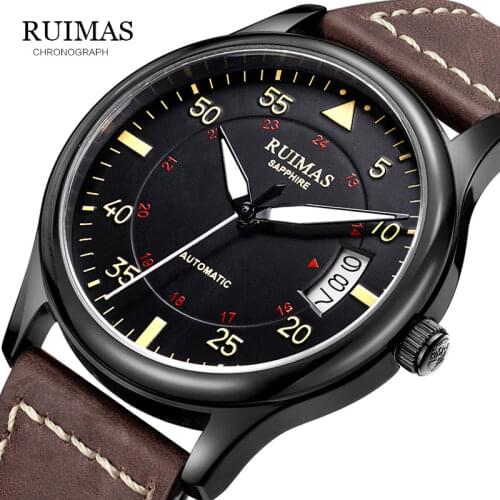 RUIMAS Top Brand Fashion Design 4 Hands luxury Men Watches Leather Strap Stainless Steel Bezel Automatic Mechanical Watch 2019