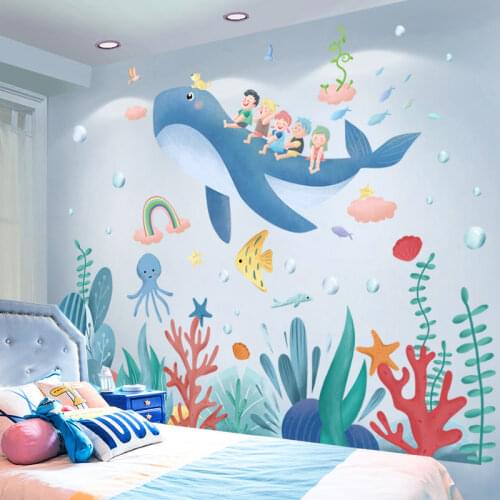Fish Animals Wall Stickers DIY Seagrass Plants Wall Decals for Kids Room Baby Bedroom Children Nursery Bathroom Home Decoration