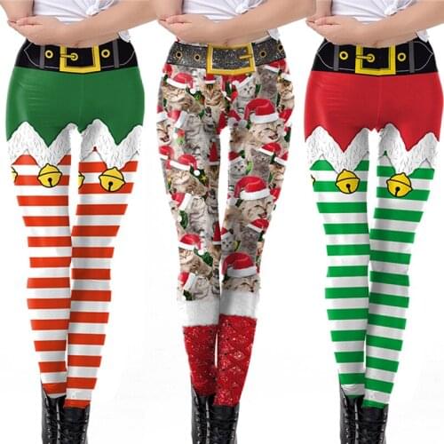New Arrival Winter Woman Christmas Cat Santa Claus Cosplay Costume Striped Printing Leggings Fitness Warm Leggings C20C74