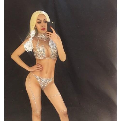 Bling Silver Crystals Rompers Womens sexy Nude Jumpsuit Costume Dance Stage Wear Bodysuit Women Singer Big Stretch Outfit