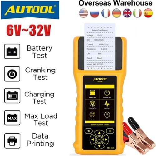 AUTOOL Car Battery Tester with Thermal Printer 12v 24V 36V Vehicle Auto Multi-language Battery Tester Analyzer Diagnostic