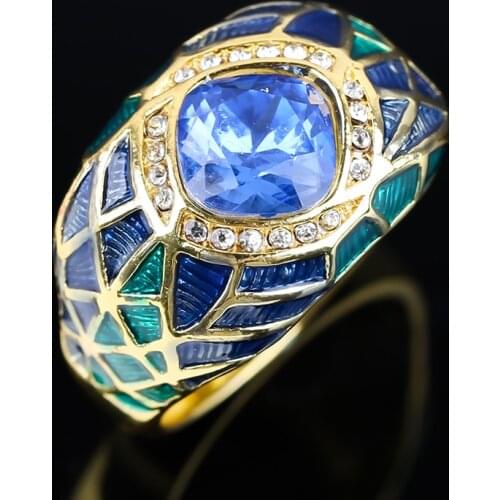 Vintage Gold Plated Enamel Red Blue Stone Rings for Women Wedding Party Crystal Wide Finger Ring Gift Bohemia Jewelry Wholesale