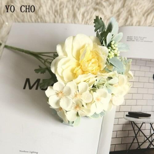 YO CHO Silk Rose Begonia Flower Bouquet Bride Wedding Camellia Peony Bouquet Bridesmaid Sister Artificial Flower Wedding Supply
