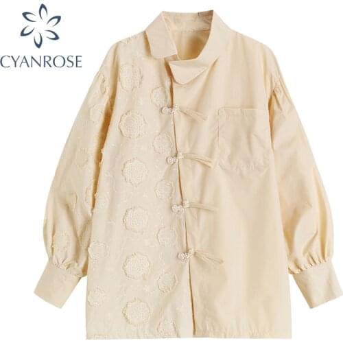 Womens Asymmetric Jacquard With Vintage Button And Diagonal Placket Blouse New Style Lapel Loose Shirt Autumn 2021 Fashion New