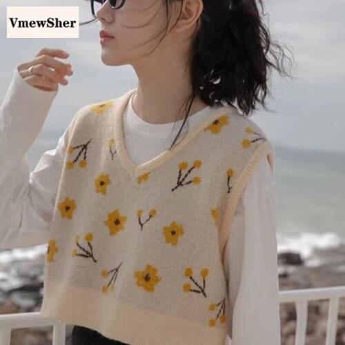 VmewSher New Spring Flower Women Sweater Vest V Neck Short Knitted Pullover Lady Elegant Autumn Sleeveless Jumper Tops Waistcoat
