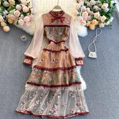 Womens Spring Summer Runway Fashion Flower Embroidery Mesh Dress Female Travel Chic Party Beach Dress TB1838