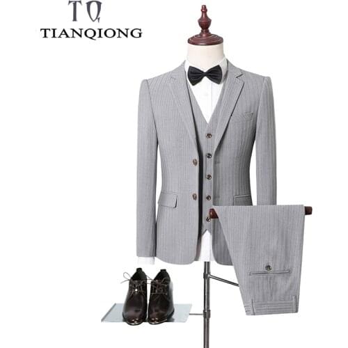 2020 Grey Striped Suit Men Latest Wedding Suits for Men Slim Fit Mens Business Suits High Quality Blazers Pants Vest Formal Wear