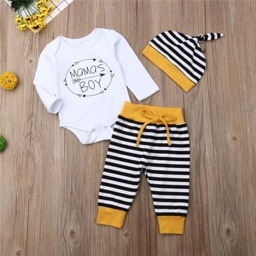 Toddler Newborn Baby Boys clothes Striped Bandage Pants Geometry Hat round neck long sleeve Bodysuit 3PCS kids autumn Outfits