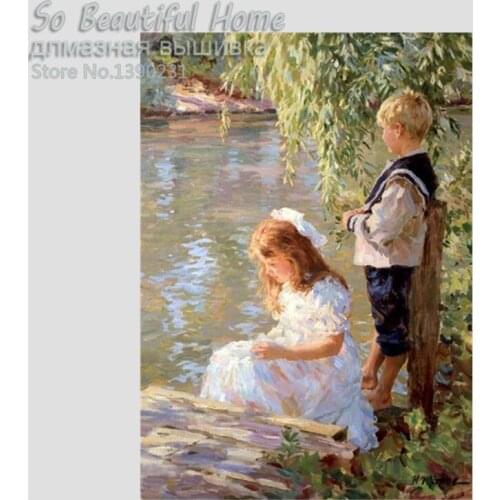 5D Diamond embroidery Needlework Full Resin Square Diamond Painting Girl and boy by river Diamond Mosaic Cross Stitch SH61127