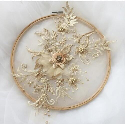 6 colors Rhinestone pearls Beaded organza Sewing Lace Applique for Costume wedding dress 3D Venise Flower Embroidery Patches DIY