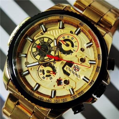 Forsining Automatic Men Watches Racing Car Design Golden 6 Hands Calendar Date Function Stainless Steel Strap Mechanical Watches
