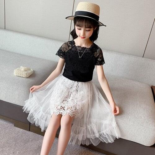 Children Clothing 2021 Summer Girls Lace Short Sleeve T-shirt Skirt Outfits Kids Clothes Sets for Girls Clothing Suit
