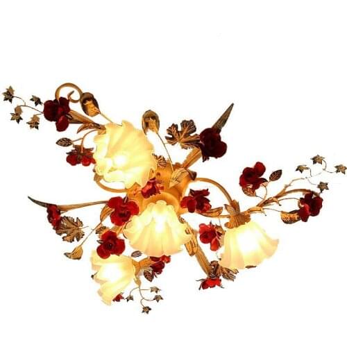 French Distressed RED Metal Rose Living Room Ceiling Lamp Flower Lampshade Romantic Bedroom Ceiling Lamp Country Rustic Lighting