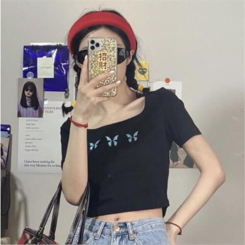 Butterfly Embroidery T shirt Women Spring Summer Square Collar Short Sleeve Women Tops Short Length Woman T-shirt