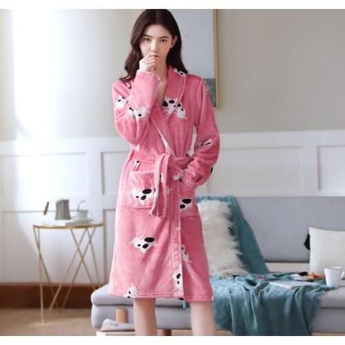Women Men Flannel Soft Bath Robe Sleepwear 2020 Autumn Winter Cow Cartoon Couple Bathrobe Thicken Warm Female Robe Dropshipping