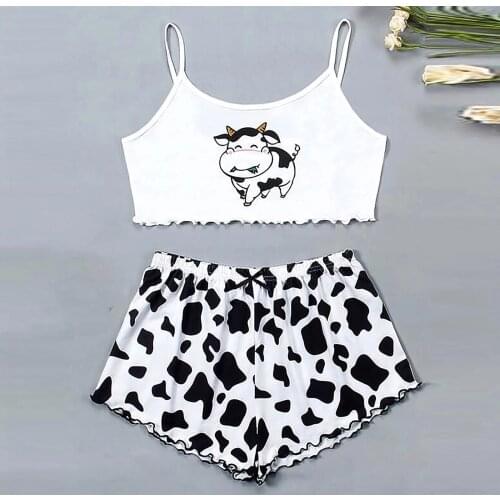 2 Pieces Pajamas for Girls Set Summer Women Sleepwear Short Sleeve Nightgown Female Ladies Sexy Lingerie Pyjamas Milk Cow Print