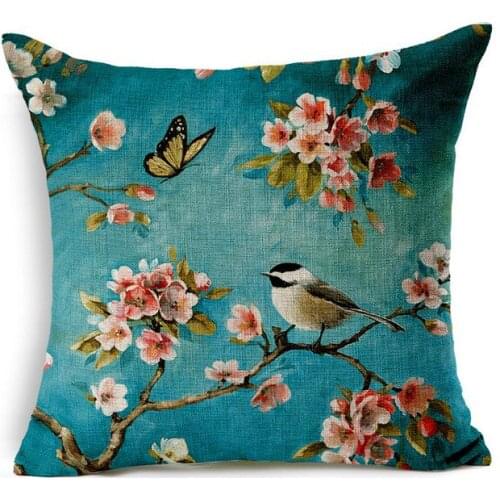 Chinese Style Linen Cushion Cover Oil Painting Creative Printed Bird Flower Blue Square Sofa Pillow Case Sofa Car Decor BZT-33