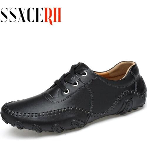 Mens Sneakers Genuine Leather Men Loafers Shoes Fashion Lace-up Solid Mens Shoes High Quality Men Driving Shoes Male Soft Flats