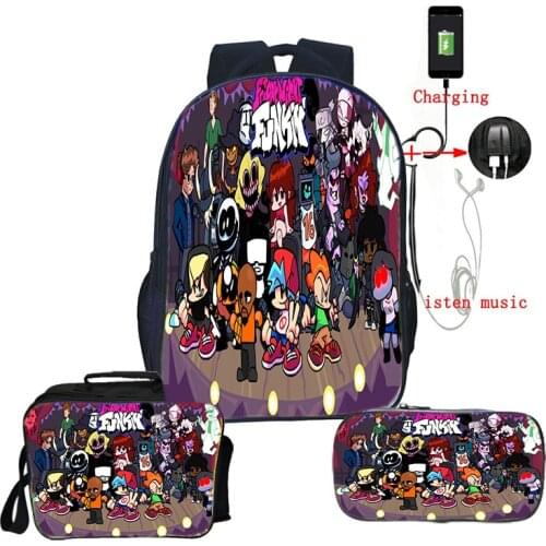 3 Pcs Set Friday Night Funkin USB Design Backpack Girls Boys School Backpacks Teens Bookbags School Knapsack Lunch Box Pen Bags