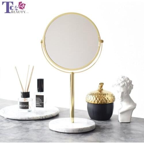 Desktop Vanity Mirror Portable 360-degree Rotating Small Round Mirror Standing Marble HD Double-sided Mirror Mirrors for Bedroom