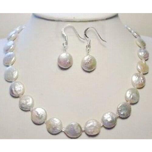 Genuine Natural 11-12mm White Freshwater Pearl Coin Necklace Earrings Set AAA 18"