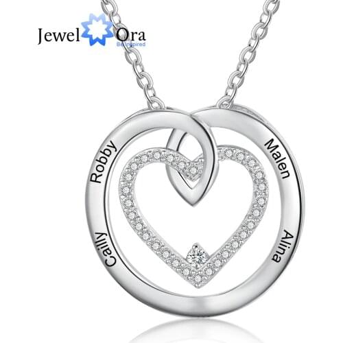 JewelOra Personalized Circle Heart Necklaces Pendants Customizd 4 Names Cubic Zironia Family Jewelry Memory Gift for Women