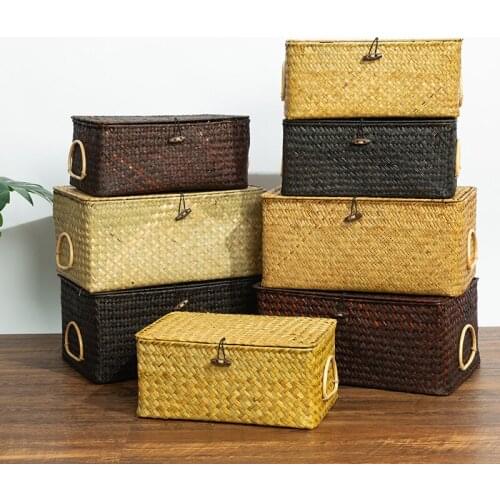 Wicker Storage Box with Lid Natural Seagrass Storage Baskets Handmade Sundaries Organizer Multipurpose Container Home Decoration