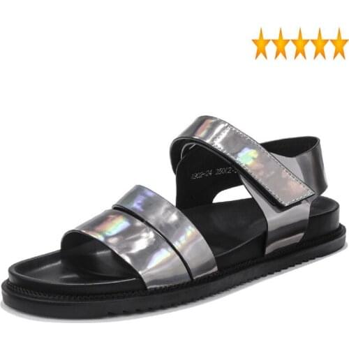 Beach Summer Mens Casual Flats Sandals Ankle Strap Open Toes Slippers Patent Real Leather Boys Platform Outside Shoes Plus Size
