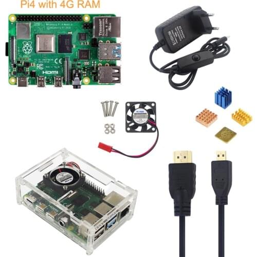 Raspberry Pi 4 Model B 4G Kit+5V 3A Power Adapter+Acrylic Case+Cooling Fan+HMDI Cable+Heat Sink+ 16/32G SD Card Optional