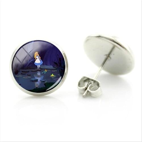 Disney Animated Character Alice Earrings Simple Style Earrings Glass Cabochon Gift Jewelry Ladies