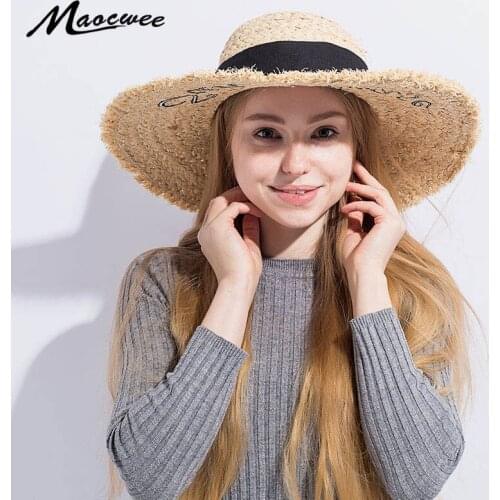High Quality Girl Summer Beach Cap Letter Embroidery Straw Hat Women Big Brim Straw Hat Fashion Sun Hat For Female Hat Anti-UV